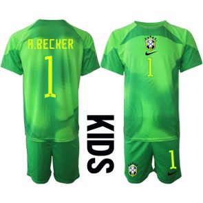 Brasilien Alisson Becker #1 Målvakt kläder Barn VM 2022 Bortatröja Kortärmad (+ korta byxor)